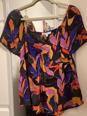 DR2 Multicolor Floral Puff-Sleeve Tunic - Black, Purple, Blue, Orange, Yellow